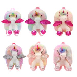 Cartoon Plush Unicorn Design Backpack With Colorful Wings Kawaii Girl Backpack