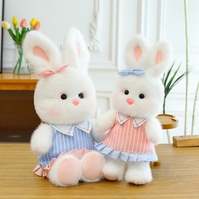 New cute jk vertical stripes skirt little white rabbit plush toy couple rabbit doll for girls children's birthday gift - 画像 (3)