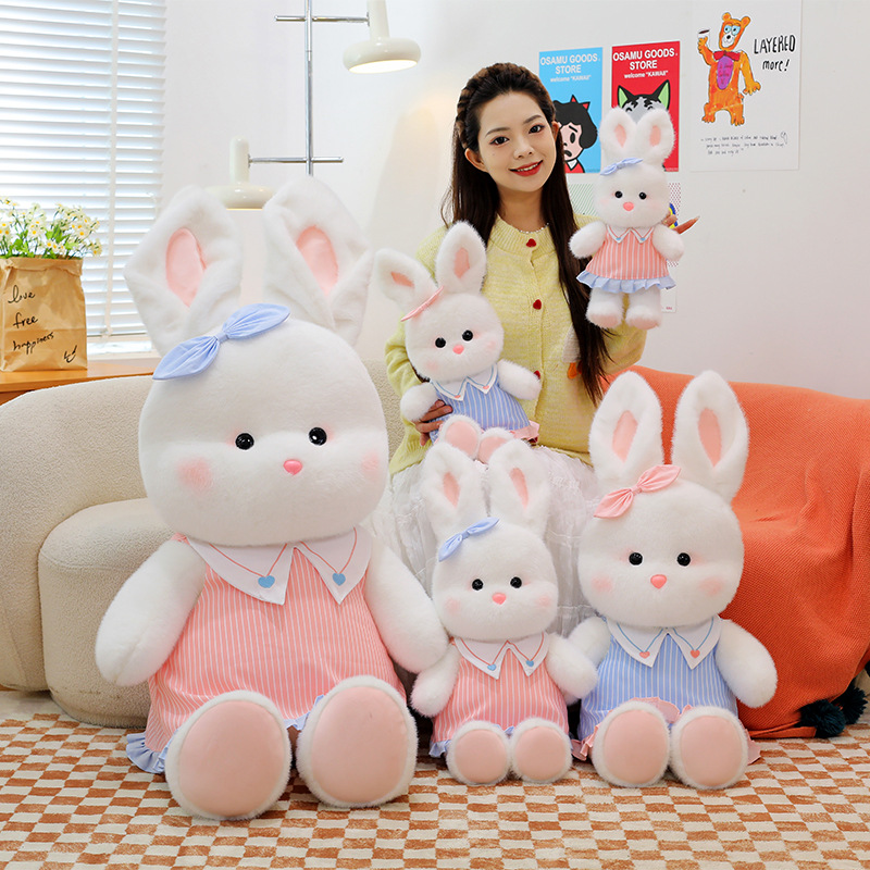 New cute jk vertical stripes skirt little white rabbit plush toy couple rabbit doll for girls children's birthday gift - 画像 (6)
