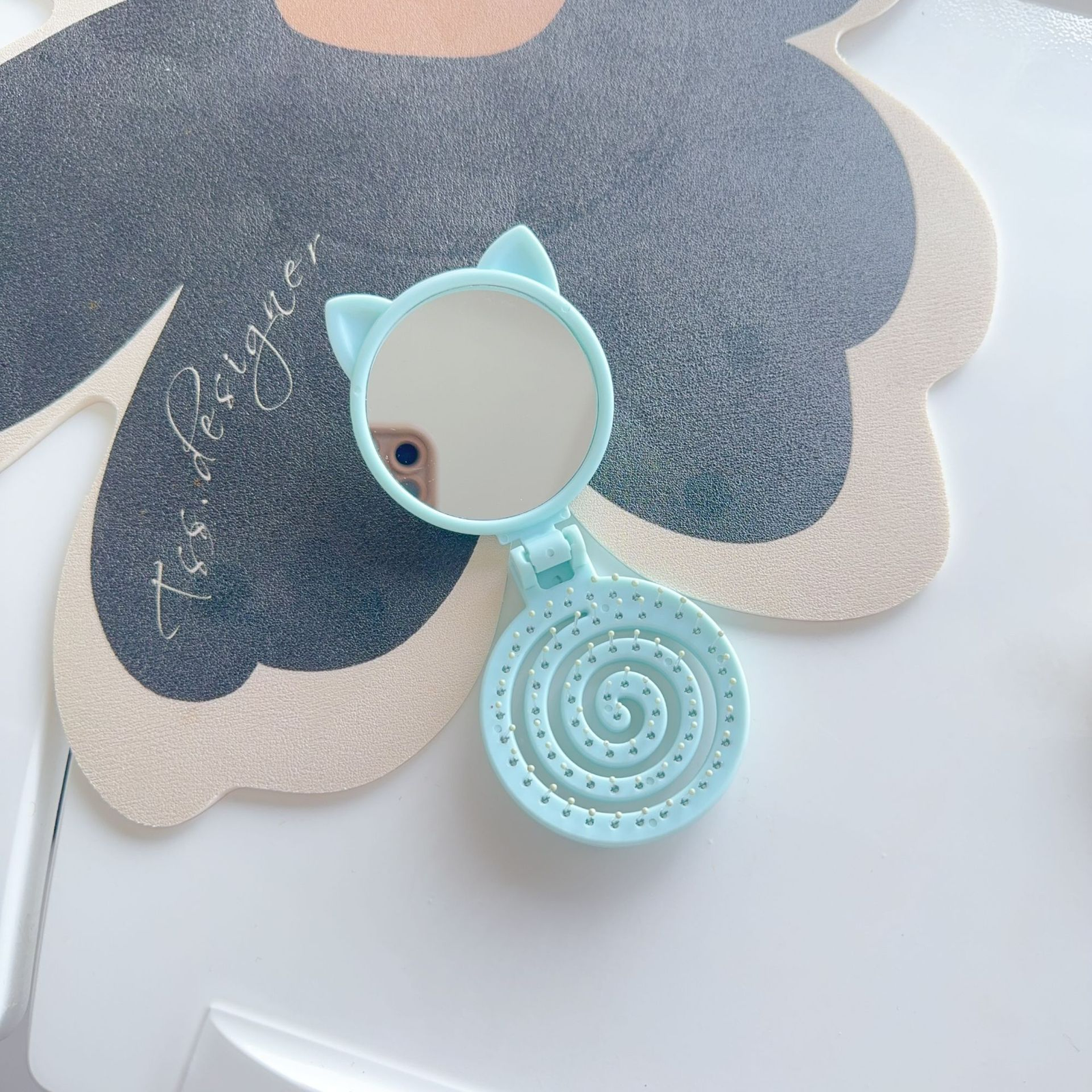 Cute small comb candy-colored air cushion comb exquisite and compact pull-out mirror comb integrated massage comb portable mirror comb - 画像 (5)