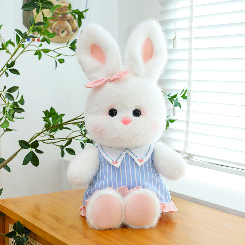 New cute jk vertical stripes skirt little white rabbit plush toy couple rabbit doll for girls children's birthday gift - 画像 (4)